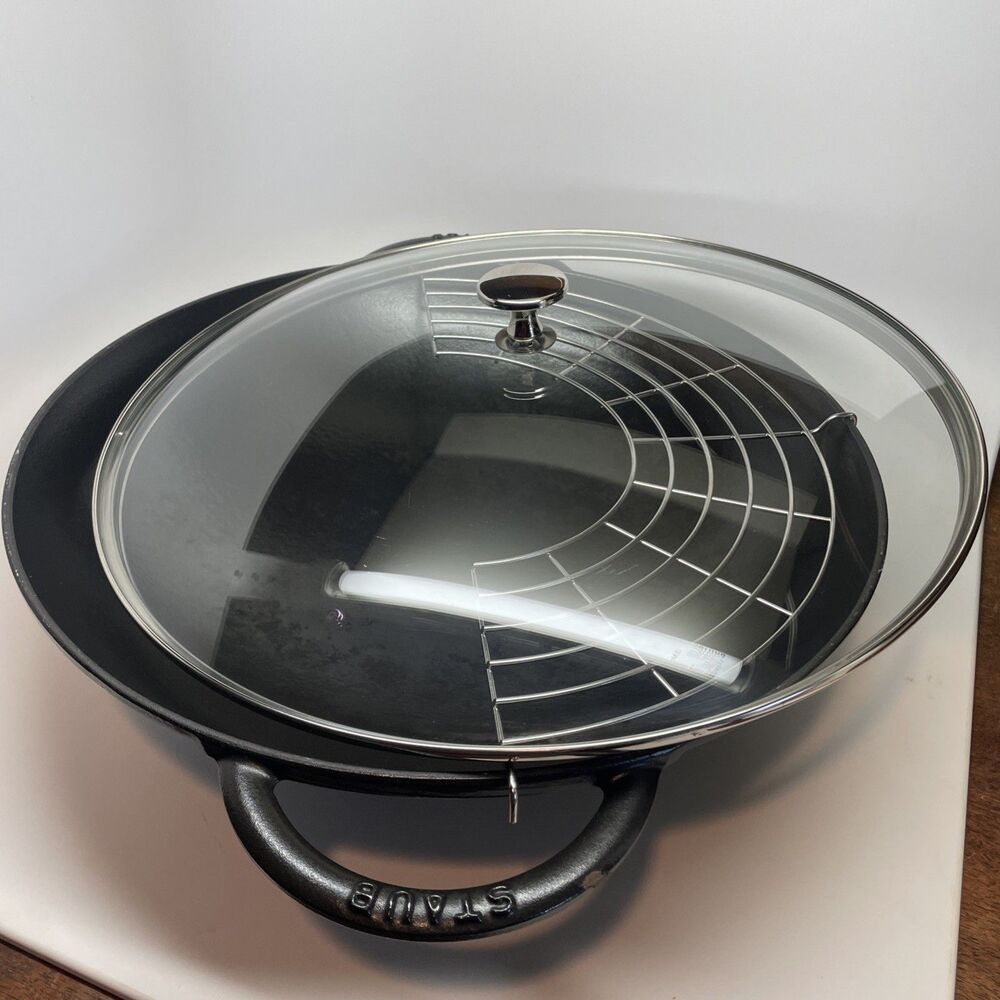 Staub Enameled Cast Iron Perfect Pan / Wok 12" with Glass Lid & Rack - Black EUC